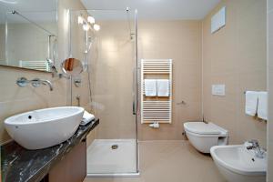 a bathroom with a sink and a toilet and a shower at Hotel Chalet Dlaces in Selva di Val Gardena +34 photos