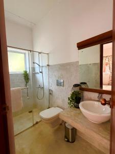 a bathroom with a toilet and a sink and a shower at Solitude in Sri Jayewardenepura Kotte
