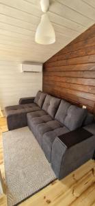 a large couch in a room with a wooden wall at Scandidim Lutsk in Lutsk