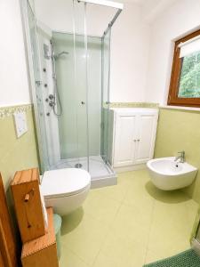 a bathroom with a shower and a toilet and a sink at Al Vagone in La Salle +3 photos