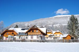ein Haus im Schnee vor einem Berg in der Unterkunft Gästehaus Ferner in Sankt Michael im Lungau