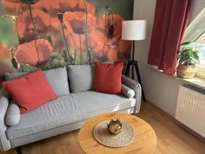 a living room with a couch with a cat sitting on a table at Ferienhaus Schmetterling in Nebra +16 photos