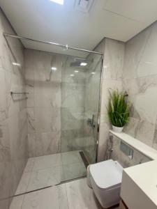 a bathroom with a glass shower with a toilet at Beautiful Studio Retreat in Ras al Khaimah +15 photos