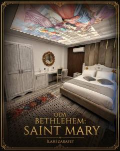 a poster of a bedroom with a bed and a painting at Apera Garden in Sancaklı