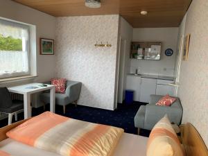 a small room with a bed and a table and a kitchen at Gästehaus am Lindenweg in Meersburg +80 photos
