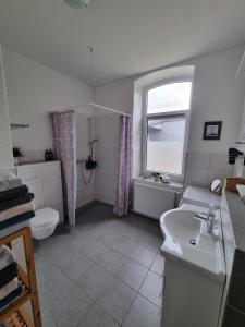 a bathroom with a sink and a toilet and a window at Ferienwohnung Biethahn - Gaarden in Groß Brodersby