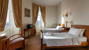 ein Hotelzimmer mit zwei Betten und einer Katze, die auf dem Bett liegt in der Unterkunft Hotel Astoria in Coimbra + 43 Fotos