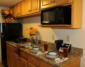 a kitchen counter with a sink and a microwave at Canyon Motel in Wellsboro