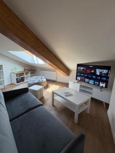 a living room with a couch and a flat screen tv at Le Pompidou Clim - Parking - Terrasse - Centre in Albi