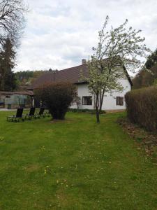 a group of chairs sitting in the grass in front of a house at Chalupa u Kolčavy in Volenice