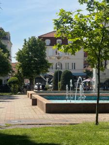 a fountain in a park with buildings in the background at Shkoder City Center - Floir Hotel in Shkodër