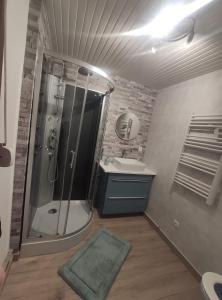 a bathroom with a shower and a sink at Le clos du Souffle in Saint-Ouen-sous-Bailly