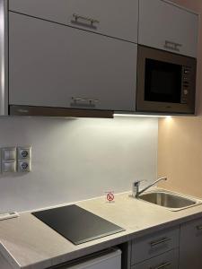 a kitchen with a sink and a microwave at Amalize Luxury Apartments in Karistos