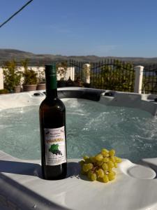 a bottle of wine and grapes in a hot tub at Vranac Country house Šibenik in Donje Polje