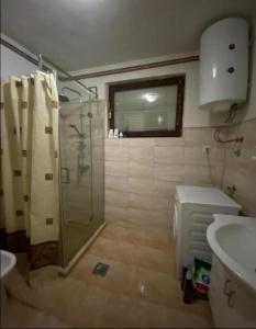 a bathroom with a shower and a toilet and a sink at Apartmani Benjamin in Tuzla