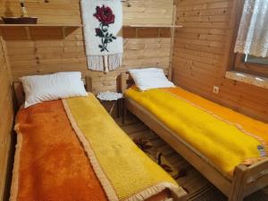 two beds in a room with wooden walls at Karadžić in Žabljak
