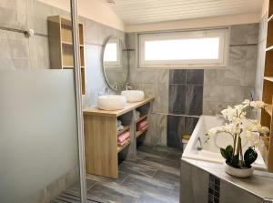 a bathroom with a sink and a tub and a mirror at Le Logis de la Forge-10min puydufou in Mortagne-sur-Sèvre +21 photos