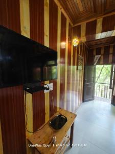 a living room with a tv and a wooden wall at Mountain Orchid in Manāli