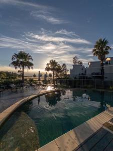 a swimming pool with palm trees in the background at Corrigans Cove Resort Batemans Bay in Batemans Bay