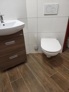 a bathroom with a toilet and a sink at Domek U hřiště in Hlinsko