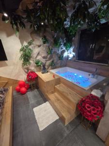 a large bathroom with a tub with red roses at Navigator Apartment in Bijeljina