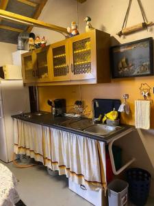a kitchen with a counter with a sink and a refrigerator at Between sea and big mountains in Leirá