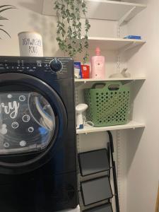 a laundry room with a washing machine and shelves at Le gîte des Romains in Anor