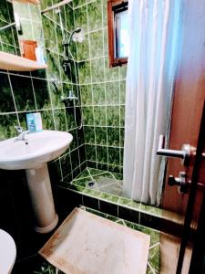 a green tiled bathroom with a sink and a shower at Apartment Green Garden in Sarajevo +15 photos