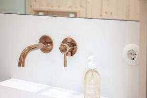 a bathroom sink with a soap bottle on a counter at Tiny House Amélie in Bonndorf im Schwarzwald +21 photos