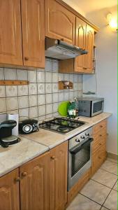 a kitchen with wooden cabinets and a stove top oven at Balatoni HUNOR Vendégház in Balatonvilágos
