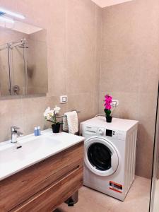 a bathroom with a washing machine and a sink at Private Terrace Cozy Flat near Vicenza Center in Vicenza