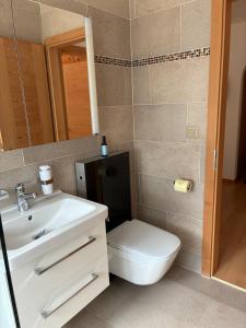 a bathroom with a toilet and a sink and a mirror at Ferienwohnung Haus Ginseng in Davos +22 photos