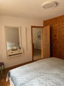 a bedroom with a bed and a large mirror at Ferienwohnung Haus Ginseng in Davos