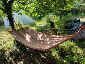 a hammock hanging from a tree in a yard at Bota Rota Pilgrim House in Paredes de Coura +2 photos
