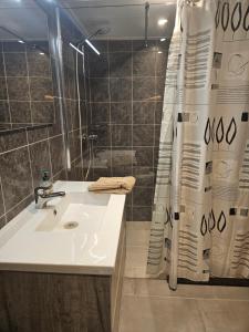 a bathroom with a sink and a shower curtain at Little Creek - Lodges in het natuurgebied in Renesse +54 photos