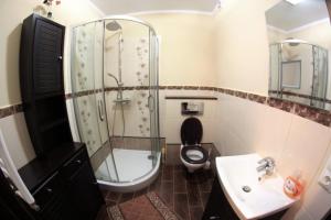 a bathroom with a toilet and a shower and a sink at Apartament Morawka in Stronie Śląskie