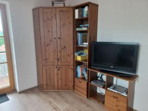 a living room with a television and a book shelf at Ferienwohnung Thomas in Landsberg am Lech +14 photos
