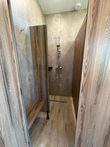 a bathroom with a shower with a wooden door at Shepherd Hutten Hunsel in Hunsel