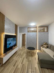 a living room with a television and a couch at Enea Apartments 8 in Tirana