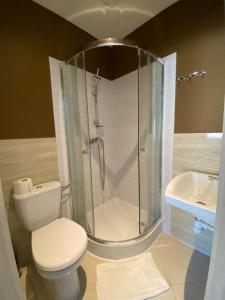 a bathroom with a shower and a toilet and a sink at Noclegi in Starachowice