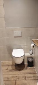 a bathroom with a white toilet in a room at Kurzeit 38 in Bad Nenndorf +1 photo