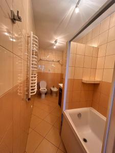 a bathroom with a tub and a toilet and a sink at Hostel Jagiellońska in Nowe Miasto Lubawskie