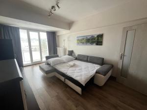 a bedroom with a bed and a large window at PINKY SQUARE apartman in Zvolen