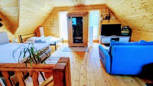 a living room with a blue couch and a tv at Vila Vilinka & Vila Native Vilinija resort Village in Podčetrtek