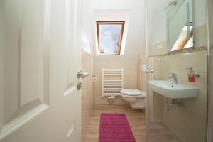 a bathroom with a sink and a toilet and a window at Schleiblick App 7 in Rabenkirchen-Faulück