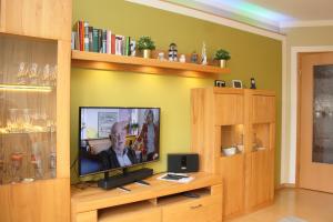 a living room with a television on a wooden entertainment center at Ferienwohnung Heuer in Ebstorf