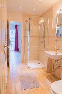 a bathroom with a shower and a sink at Schleiblick App 18 in Rabenkirchen-Faulück