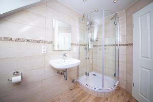 a bathroom with a sink and a shower at Appartement Schleipanorama in Rabenkirchen-Faulück