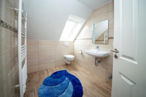 a bathroom with a toilet sink and a blue rug at Appartement Schleipanorama in Rabenkirchen-Faulück