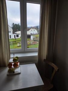 a table with a plate of fruit in front of a window at White Haven Private Sauna & Pool in Chřibská